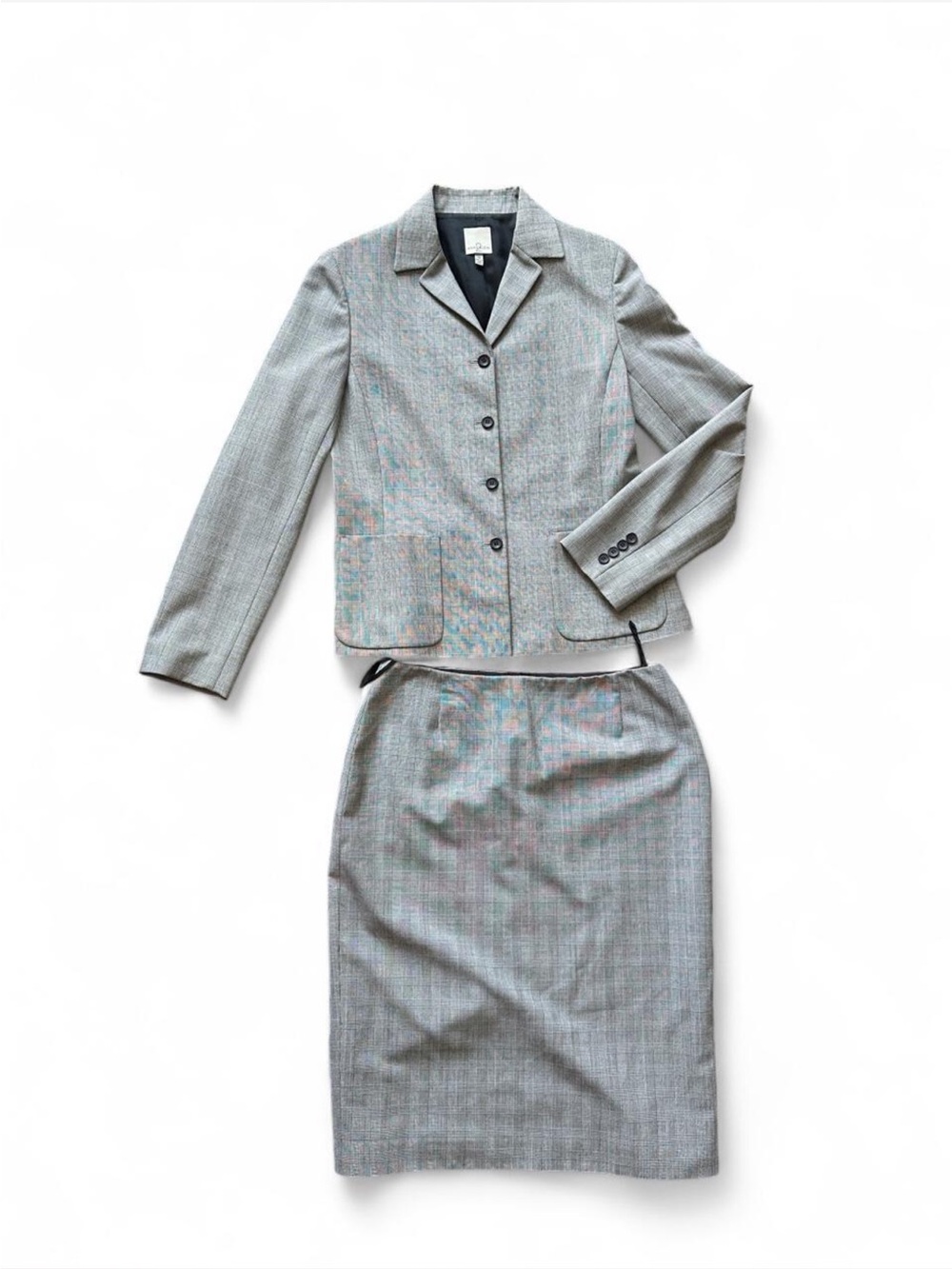 Vintage Y2K Anne Klein gray plaid skirt suit with subtle black and white stripes